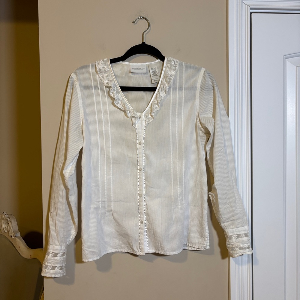Ivory Lace-Trim Button Front Blouse